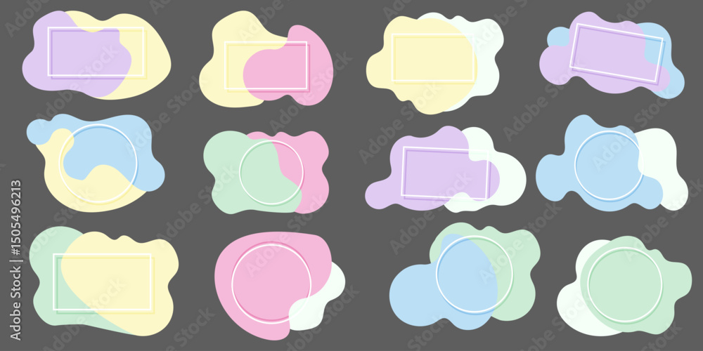 Speech bubble set with colorful abstract shapes, blank comic-style chat and message templates on dark background, pastel geometric design elements, flat vector illustration Speech bubble set with colorful abstract shapes, blank comic-style chat and message templates on dark background, pastel geometric design elements, flat vector illustration