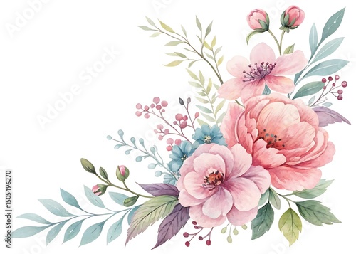 Watercolor Floral Corner Arrangement with Pink Peonies, Blossoms, and Delicate Foliage