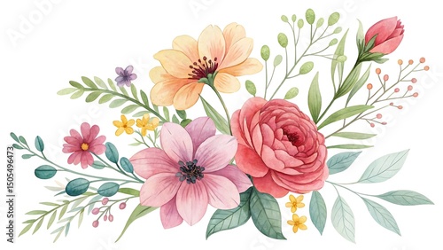 Watercolor floral arrangement with roses, cosmos, and other botanical elements isolated