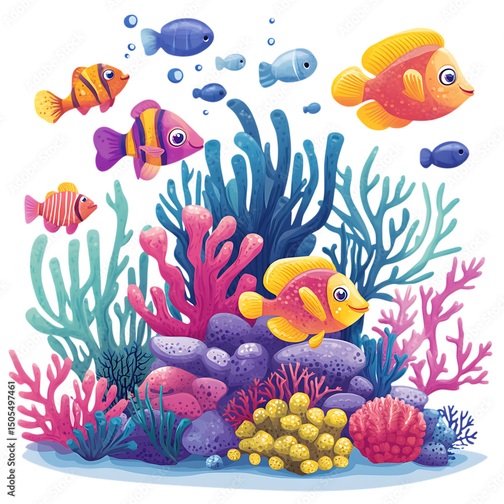 Fototapeta premium Colorful cartoon fish in coral reef isolated on transparent background