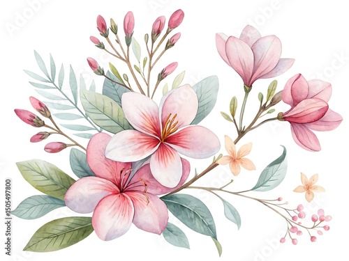 Elegant watercolor illustration of light pink flowers and greenery on white backdrop