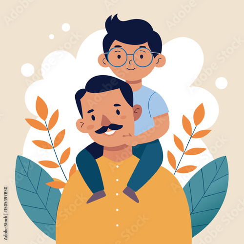 Happy Father’s Day Vector Art with Traditional Dressed Father Carrying Smiling Child on Shoulders