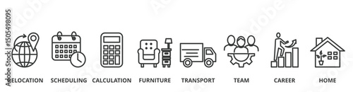 Moving Company banner vector illustration concept with icon of relocation, scheduling, calculation, furniture, transport, team, career and home 