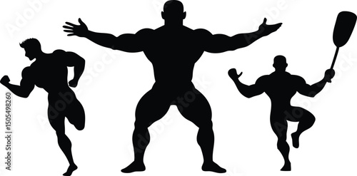 Silhouette of a muscular male bodybuilder flexing his arms, black and white vector style for fitness or strength-related content.