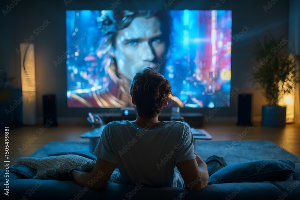 Naklejka premium Man Setting Up Smart Projector for Movie Night, Home Theater Lifestyle, Modern Entertainment Setup, Comfortable Living Space, Digital Leisure, Cozy Evening Scene, Tech-Enhanced Relaxation