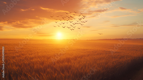 Flock of birds flying in over a golden wheat field at sunset