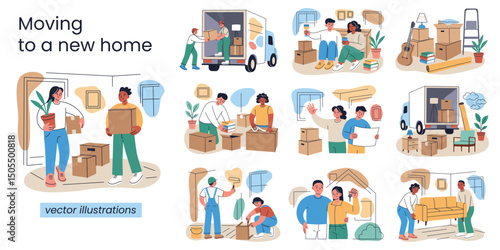 Vector collection of scenes about moving, buying and preparing new home. People pack boxes, carry furniture, load truck, paint walls, plan renovation, hold house keys. Cartoon illustrations set