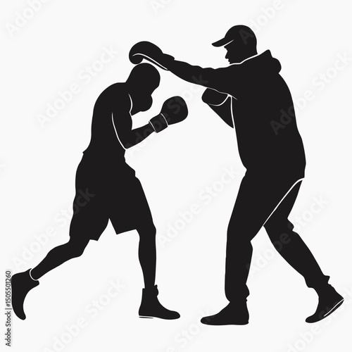 Black Silhouette Of A Boxer Hitting Mitts With Coach