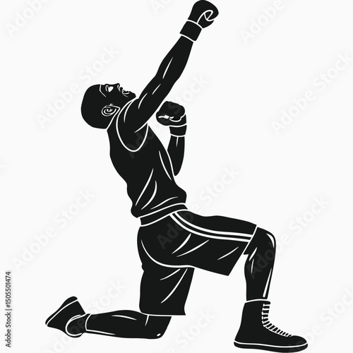 Black Silhouette Of A Boxer Kneeling In Celebration