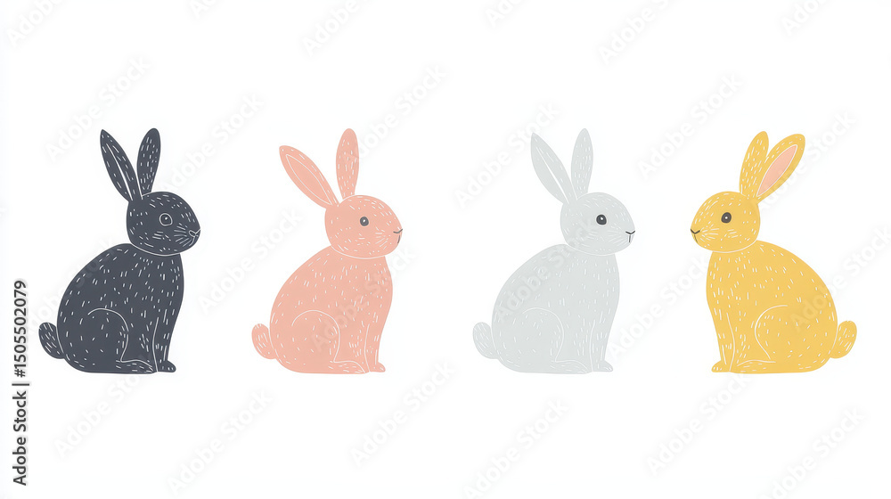 Fototapeta premium Charming Bunny Quartet: A collection of four adorable bunnies, each with a unique pastel hue, arranged to celebrate the beauty of springtime, perfect for adding a touch of whimsy to any project.