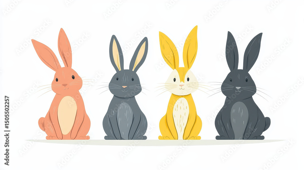 Fototapeta premium Four Rabbits illustration: Four adorable rabbits in different colors sitting side by side. A charming illustration perfect for Easter, spring, or children's designs.