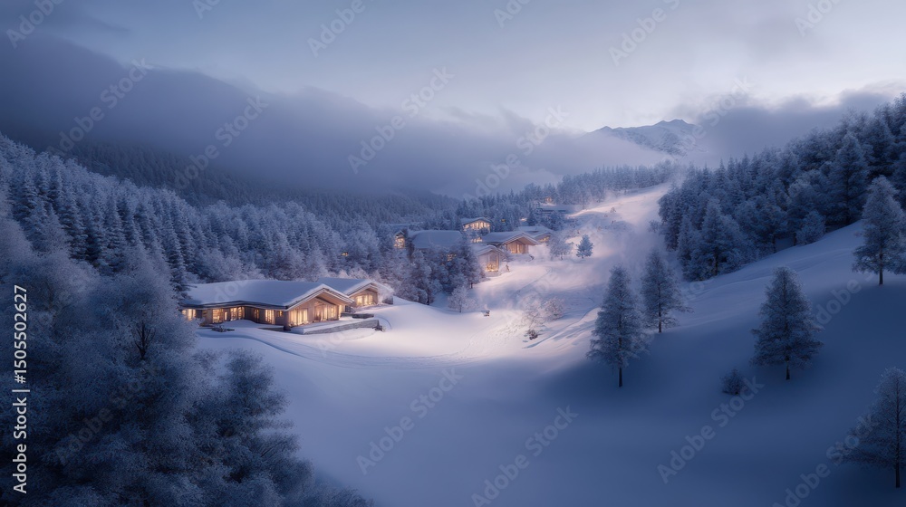 Luxury winter retreat in snowy mountain landscape Luxury winter retreat in snowy mountain landscape