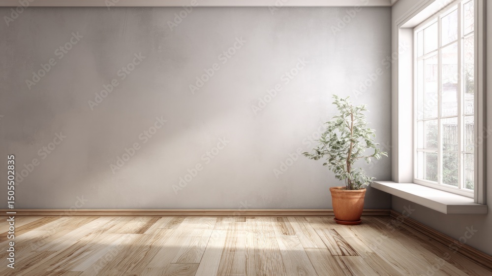 A large empty room with a large window and a small plant in a pot A large empty room with a large window and a small plant in a pot