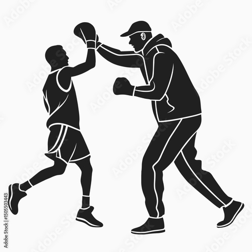 Black Silhouette Of Boxer And Coach Fist Bumping