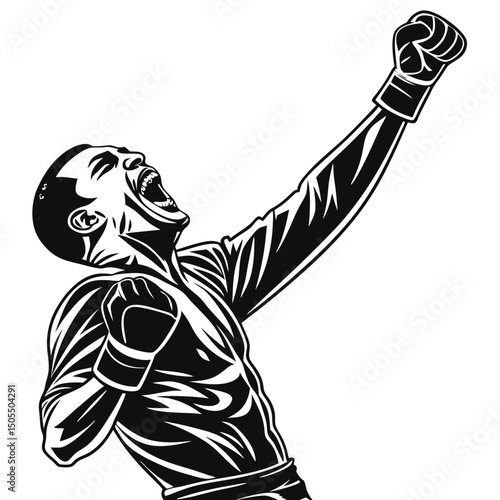 Black Silhouette Of Boxer Shouting In Triumph