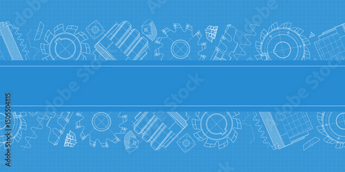 Mechanical engineering drawings on blue background. Cutting tools, milling cutter. Technical Design. Cover. Blueprint. Horizontal seamless pattern. Vector illustration.