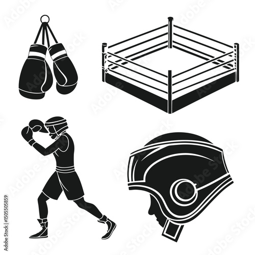 Black Silhouette Of Boxing Themed Icon Set