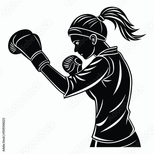 Black Silhouette Of Female Boxer With Ponytail