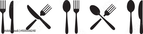 Silverware solid monochrome icon set. Fork, Spoon and Knife icons., cutlery - fork, knife, spoon, teaspoon silhouette shape,   vector illustration, 