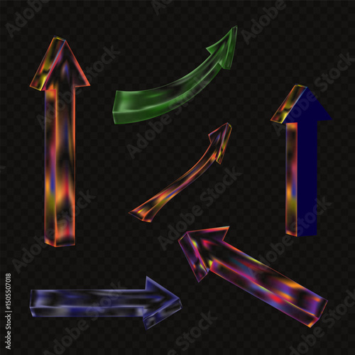 Arrow icons set with refraction and holographic effect isolated on dark background.Vector 3d glass transparent glass cursor with neon light, rainbow gradient
