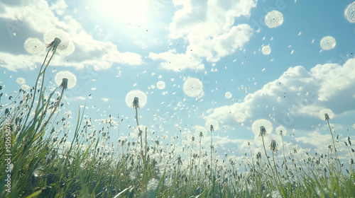 Dandelion seeds blowing in the wind with a blue sky and clouds in the background