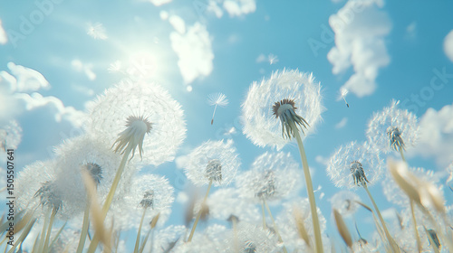 Dandelion seeds blowing in the wind with a blue sky and clouds in the background