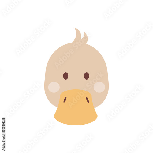 Funny muzzle of duckling isolated on a white. A head of cute domestic bird. Little duck. Vector kids illustration in a flat style.Nice cartoon character for kids.