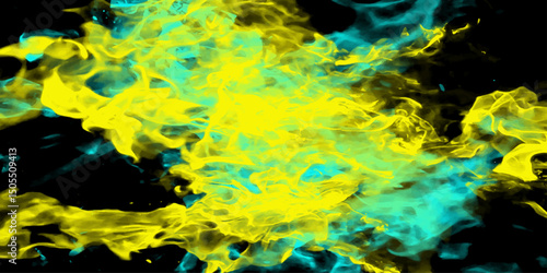 Abstract vibrant swirling smoke clouds in yellow and teal shades against a dark black background representing energy and movement.