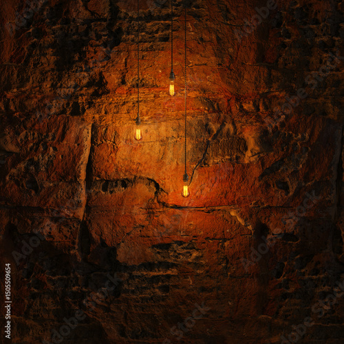 Dark Stone Wall with Edison lamp Lighting 3D Rendering