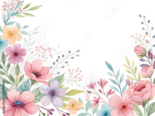 Watercolor floral frame with assorted flowers and leaves for invitations templates