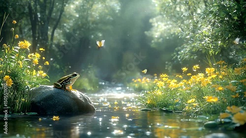 Frog by a river in a sunlit forest