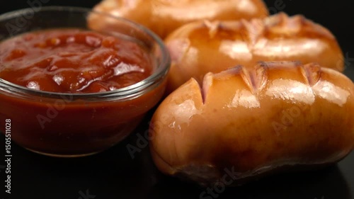 Grilled sausages and jar with ketchup are on a black plate, slow motion, homemade food 