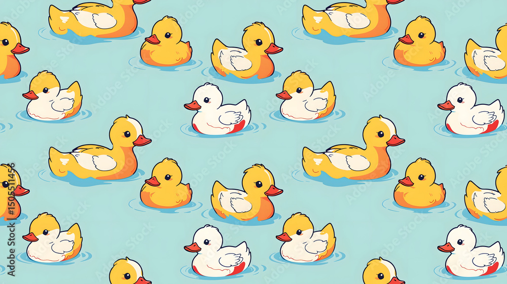 A repeating pattern showcases cartoon ducks floating in the water on a light blue background. A repeating pattern showcases cartoon ducks floating in the water on a light blue background.