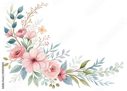 Watercolor floral arrangement with pink flowers, green leaves, and berry accents corner frame