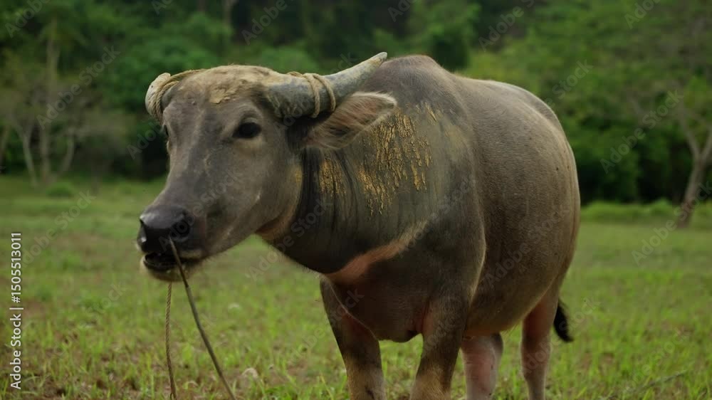 A Serene Water Buffalo Gracefully Grazes in a Lush Green Field, Showcasing Its Distinctive Features and Peaceful Environment Under Soft Natural Light A Serene Water Buffalo Gracefully Grazes in a Lush Green Field, Showcasing Its Distinctive Features and Peaceful Environment Under Soft Natural Light