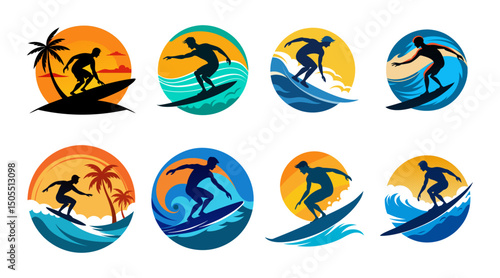 Waves of Adventure: A captivating collection of stylized surf illustrations, depicting silhouettes riding ocean waves with a sunset backdrop. Evokes energy and summer fun. 