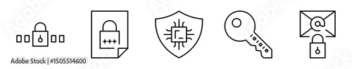 Conjunto de iconos de cifrado. Seguridad, codificación, protección. Clave cifrada, documento protegido, chip encriptado, llave digital, correo seguro. Ilustración vectorial