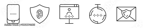 Conjunto de iconos de autenticación en dos pasos. Seguridad, verificación, acceso. Código por SMS, identificación biométrica, ingreso con clave, contraseña temporal, validación por correo