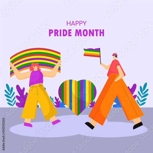 Happy Pride month abstract creative banner, poster and web header design. Minimalistic flat characters with rainbow flag celebration vector illustration.