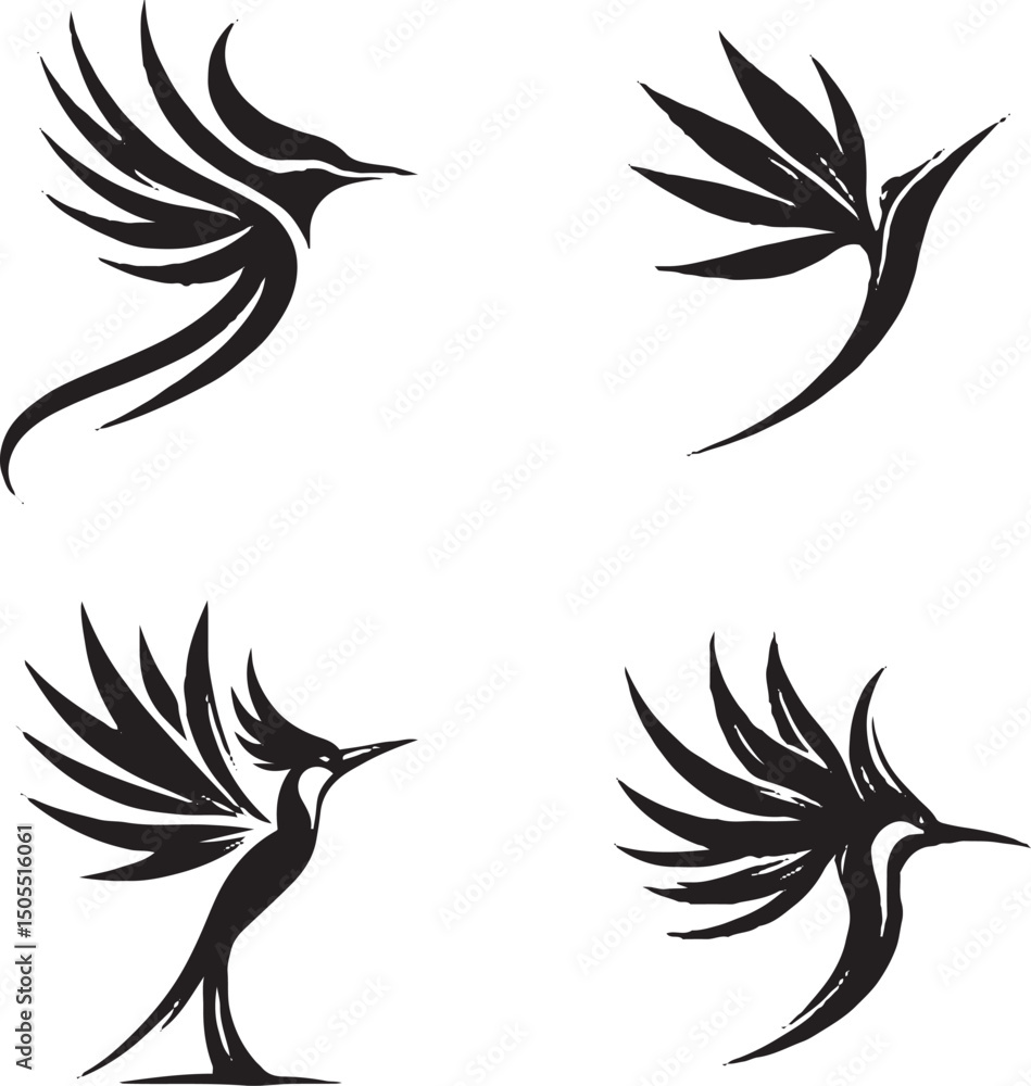 Obraz premium Black and White Stylized Bird Illustrations with Elegant Wing Patterns