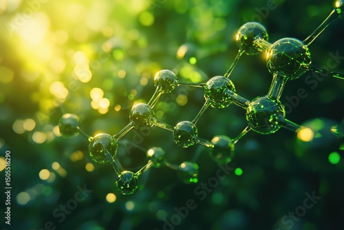 Abstract Green Molecular Structure with Glowing Connections in a Lush Natural Environment