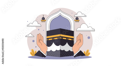The image shows various artistic illustrations of the Kaaba in Mecca, captured in different visual styles, ranging from simplified minimalist representations to more detailed and complex renditions
