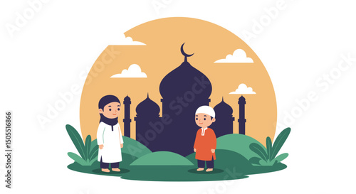 Celebrating Eid: Children Together in Front of a Mosque
