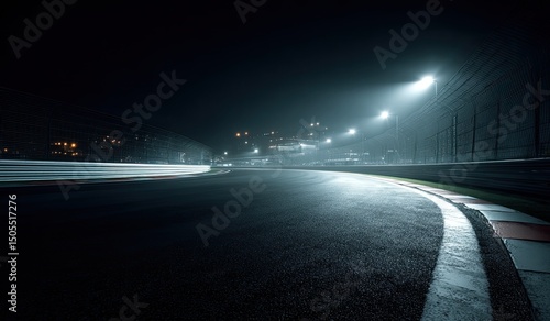 Nighttime racetrack curve, illuminated by bright lights, misty conditions, motion blur showing speed