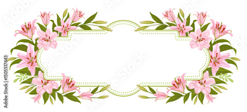 Long vintage frame with pink lily flowers and copy space for text. Cute floral decoration with daylily, leaves and buds, label template. Can use for greeting card, label, print. Isolated vector illust