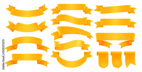 3d realistic yellow ribbons set. Ribbons collection isolated on white. Design element, decorative sticker. Cute folded ribbon for sale banner, advertisement, celebrations. Vector illustration