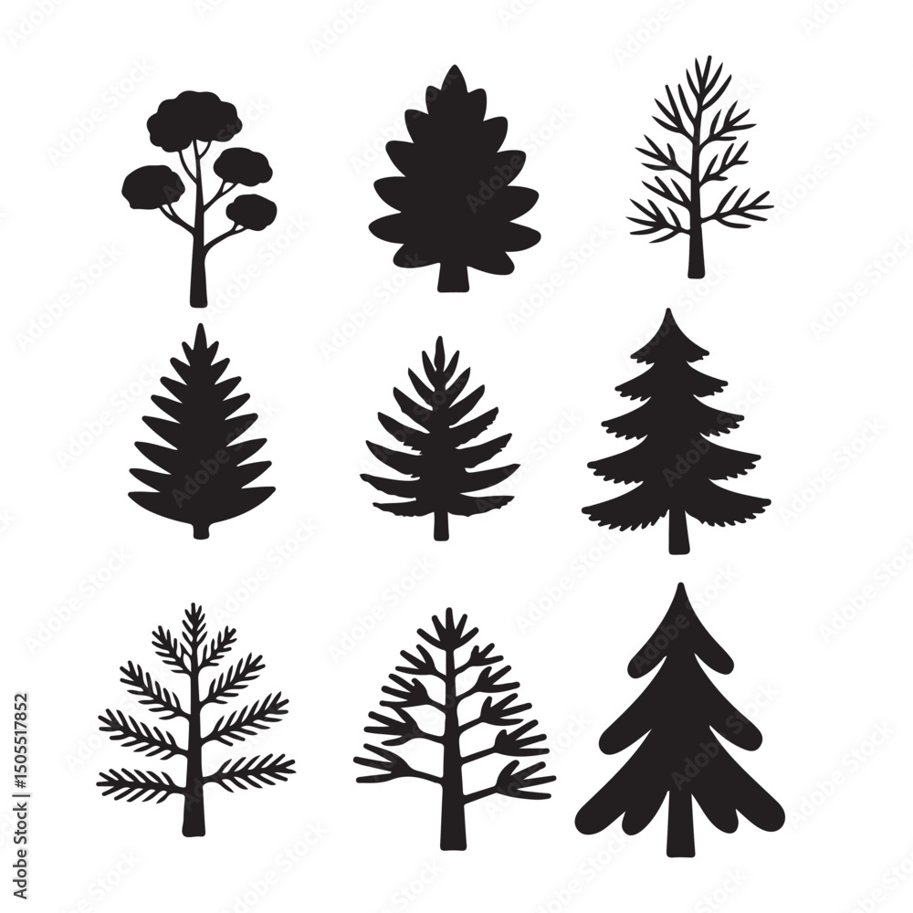 Obraz premium A collection of black silhouette illustrations of different types of trees on white background