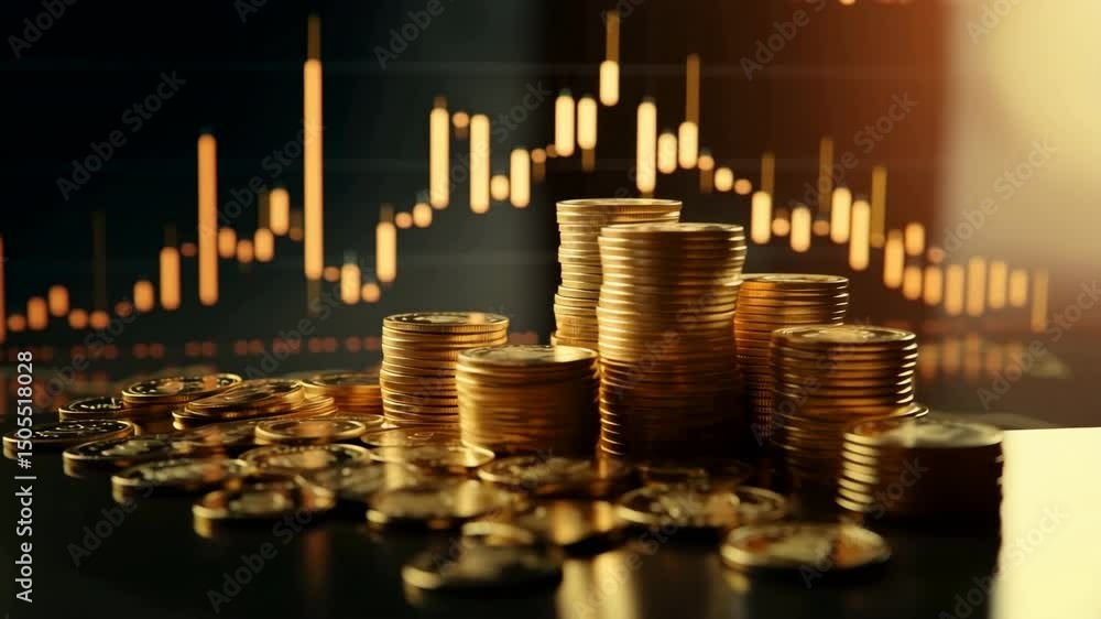 Close-up of golden coins stacked with a finance graph in the background, symbolizing investment and wealth growth.
