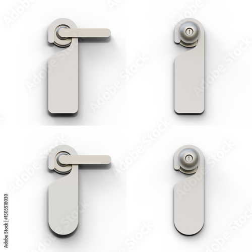 Set of door hangers and handles mockup. Blank paper or plastic empty labels of various shapes for hotel doorknob room, dont disturb signs, messages on entrance knobs.