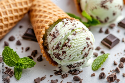 Delicious mint chocolate chip ice cream scoops in waffle cones gourmet dessert kitchen close-up indulgent treat